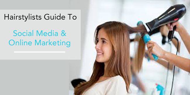 The image shows a young lady get her hairstyle done with a guide to social media marketing for their business.